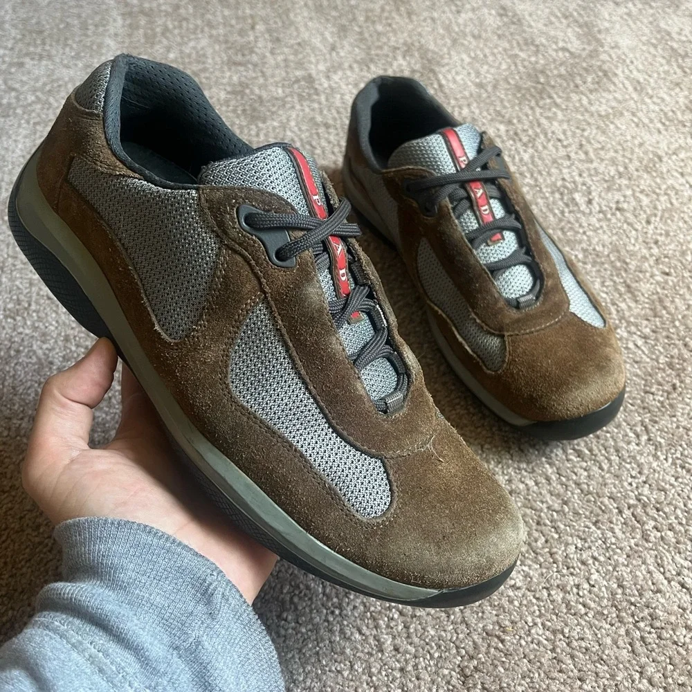 VTG 00s / Y2K Prada Americas Cup Brown Suede Leather Sneakers - Picture 5 of 7